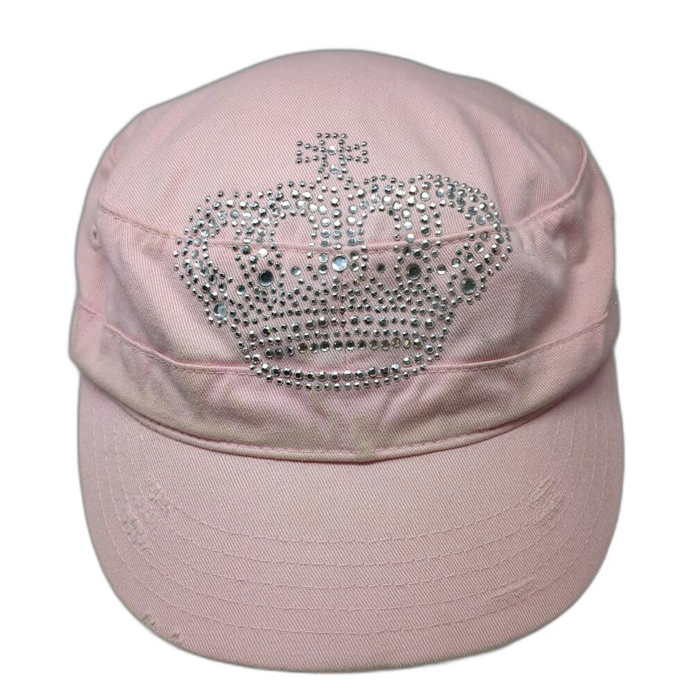 HG Army Cap Pink One Size Rhinestone Crown Hollywood Strapback Cotton Hat